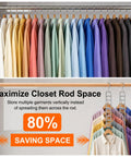 Heavy Duty Metal Hangers Six Pack Featuring Fifty Four Hooks For Massive Space Saving Closet Organization And College Dorm Essentials A Straight Up Dorm Room Game Changer Now with colorful shirts stored vertically.