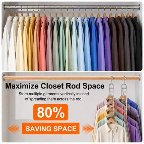 Heavy Duty Metal Hangers Six Pack Featuring Fifty Four Hooks For Massive Space Saving Closet Organization And College Dorm Essentials A Straight Up Dorm Room Game Changer Now with colorful shirts stored vertically.