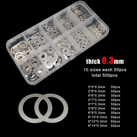 Ultra Thin Flat Washers Set 0.1 0.2 0.3mm M3 M4 M5 M6 M8 304 Stainless Steel Shim Kit With Box, 500 Or 1200 Pieces, Pro Grade Precision Spacers For Precise Fit And Easy Sorting. 0.3mm washers in labeled storage box