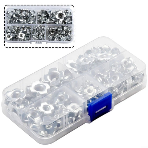 90 Piece Four Prong Tee Nuts Zinc Plated For M3 M5 M6 M8 Threaded Fasteners in a clear plastic case