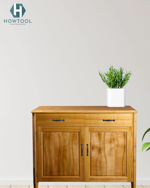 Wooden cabinet with Oil Rubbed Black Utility Tray Pulls 10 Pack With Screws Durable Die Cast Hardware, 76mm hole centers visible
