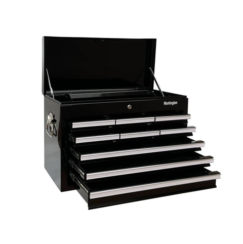 Heavy Duty Professional Industrial Portable 9-Drawer Tool Chest Cabinet With Ball Bearing Drawer Slides And Locking Cam System, 26 Inch Steel Tool Storage Box Organizer For Home Garage Shop, open with drawers extended