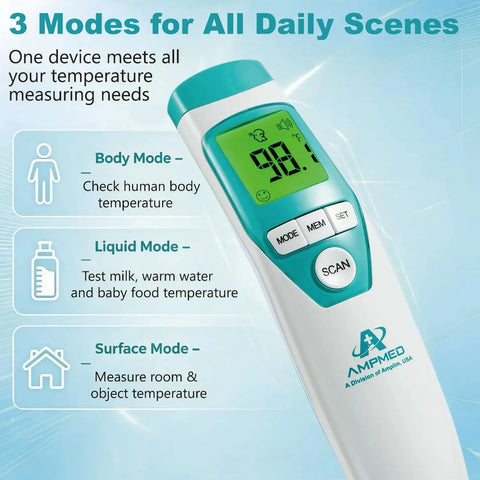 Medical Grade Non Contact Forehead Thermometer For Adults And Kids With Super Fast Accurate Readings Large Color LCD Screen And Ultra Easy One Button Use For Home Health Monitoring, angled view
