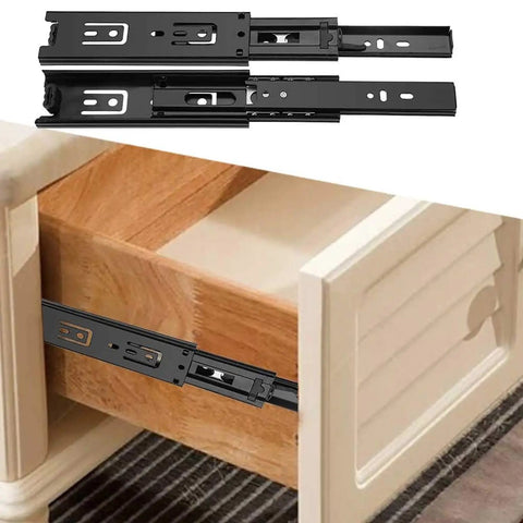 Heavy Duty 14 Inch Full Extension Drawer Slides Featuring Slick Ball Bearing Glides And Rust Resistant Zinc Coated Steel Rails For Smooth Kitchen Cabinets Closets And Office Furniture Upgrades In Practical Two Pack Black installed in a wooden drawer.
