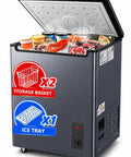 Premium Top Shelf 5.2 Cu Ft Chest Freezer With Deep Storage Basket And Ice Tray For Kitchens And Garages filled with seafood, ice cream, and meat.