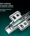 Hidden Soft Close Cabinet Hinges Crafted From Solid Nickel Plated Steel For Frameless Full Overlay Doors showing hydraulic cylinder for quiet closure.