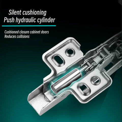 Hidden Soft Close Cabinet Hinges Crafted From Solid Nickel Plated Steel For Frameless Full Overlay Doors showing hydraulic cylinder for quiet closure.