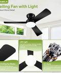 42 Inch Low Profile Ceiling Fan With Lights And Remote Reversible DC Motor Sleek Black Flush Mount For Bedroom And Living Room 3 CCT Dimmable With Timer in a bright room showing fan blades, LED light, and DC motor.