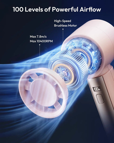 Compact Handheld Personal Fan With Turbo Wind On The Go USB Rechargeable Mini Cooler showing high-speed motor and airflow