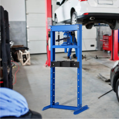 Professional Grade Heavy Duty Garage Workhorse 12 Ton H Frame Hydraulic Shop Press With Adjustable Work Table in auto shop setting.