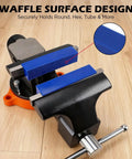 Two Piece 4.5 Inch Magnetic Vise Jaw Pads With Soft TPU Non Marring Covers And Waffle Grip For Bench Vise Drill Press Metalworking And Woodworking Secure Scratch Free Clamping installed on bench vise