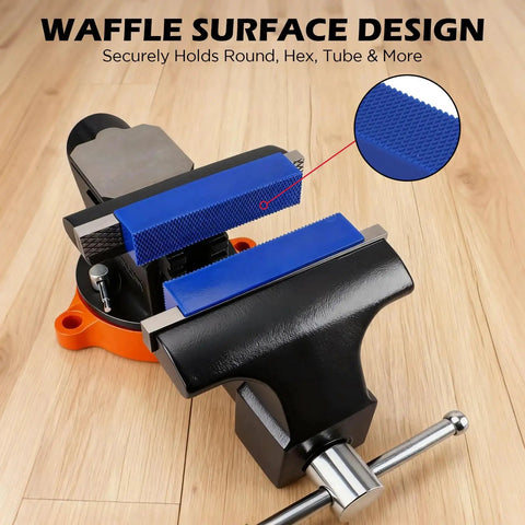 Two Piece 4.5 Inch Magnetic Vise Jaw Pads With Soft TPU Non Marring Covers And Waffle Grip For Bench Vise Drill Press Metalworking And Woodworking Secure Scratch Free Clamping installed on bench vise