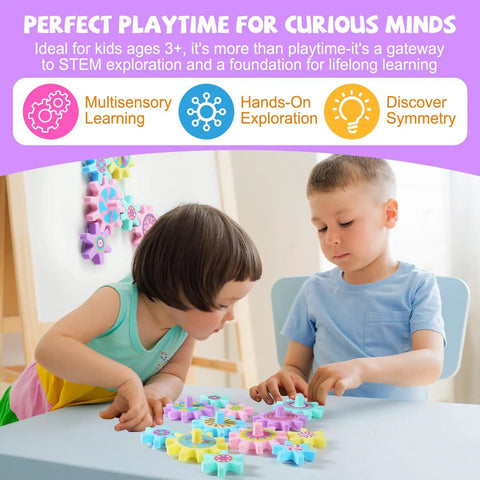 Children playing with 36 Piece Magnetic Gear Set For STEM Learning And Hands On Magnetic Construction Toy with colorful gears on a table