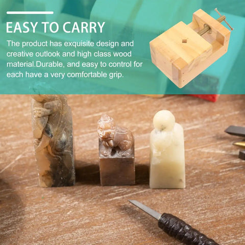 Adjustable Wood Carving Tool Clamp for Engraving with carved figures, shown on a workbench surface.