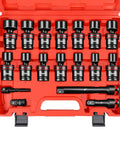Beefy 18-Piece Half Inch Drive Shallow Impact Universal Joint Socket Set With Metric Wobble Sockets 10-24mm, Includes 3 Inch And 6 Inch Extension Bars, Quarter To Half Inch And Three Eighths To Half Inch Adapters, 6 Point; red case with 10-24mm sockets