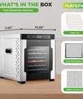 Electric Countertop Food Dehydrator With 900 Watt Motor And Ten Tier Stainless Steel Trays with digital timer and fruit sheet.
