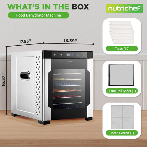 Electric Countertop Food Dehydrator With 900 Watt Motor And Ten Tier Stainless Steel Trays with digital timer and fruit sheet.