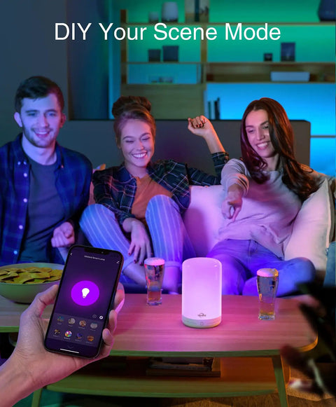 Group using Smart LED Bedside Lamp With App Control, Voice Assist, RGB Color Changing Mood Light; app shown on phone screen.