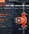 Workhorse Cast Iron Circulation Pump 23 GPM With One Inch NPT Flange Three Speed Settings Silent Runner Hot Water Recirculator detailed view.