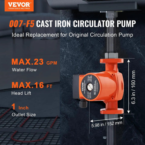 Workhorse Cast Iron Circulation Pump 23 GPM With One Inch NPT Flange Three Speed Settings Silent Runner Hot Water Recirculator detailed view.