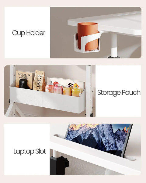 Mobile Standing Desk With Wheels, Height Adjustable From 28.3 To 46.3 Inches, showing cup holder, storage basket, and laptop slot
