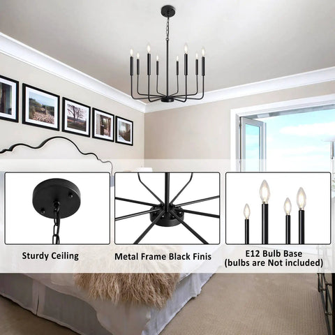 Dope Black Farmhouse Dining Room Chandelier With Adjustable Height Eight Candle Arms Pendant Light Fixture For Living Room Kitchen Island And Foyer Modern Matte Black Metal Lighting in a bedroom setting