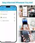 WiFi Sump Pump Controller With Alarm And Real Time Water Level Monitoring For Sump Submersible And Utility Pumps Smart App Remote Control Real Time Alerts For Failures And Overloads Keep Basement Dry And Prevent Floods app screen showing message, SMS, and phone alerts