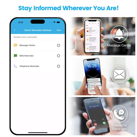WiFi Sump Pump Controller With Alarm And Real Time Water Level Monitoring For Sump Submersible And Utility Pumps Smart App Remote Control Real Time Alerts For Failures And Overloads Keep Basement Dry And Prevent Floods app screen showing message, SMS, and phone alerts