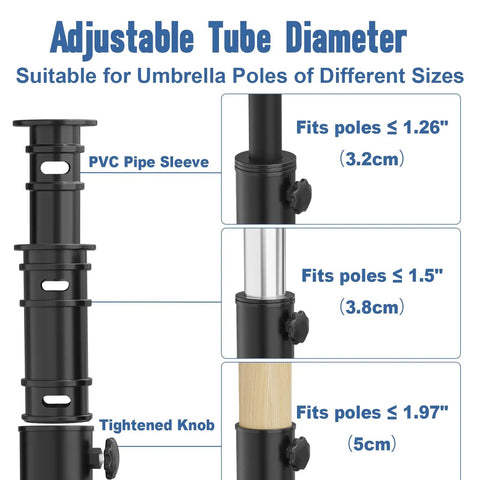 Universal Umbrella Pole Mount Replacement, Heavy Duty Stainless Steel Bracket And Base Tube Holder, adjustable tube sizes.