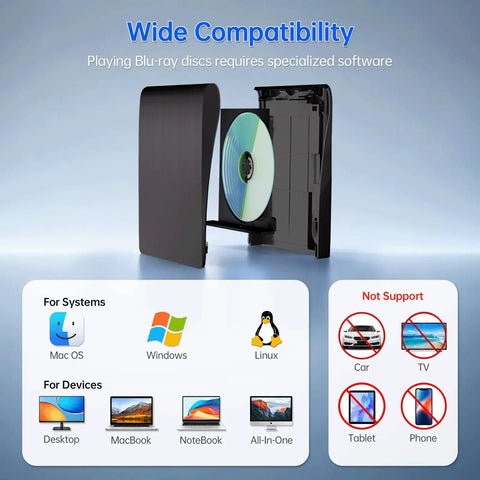 Ultra Portable External Blu Ray Drive With USB 3.0 And Type C For Mac And Windows, No Fuss Plug And Play, Fast 6X Blu Ray, 8X DVD, 24X CD Read Write, Up To 5Gbps USB Speed, Lightweight 0.9 Pound, Ready To Roll. External black Blu-ray drive with disc and OS compatibility chart