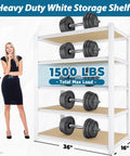 Beefy 5 Tier Metal Closet Shelving Unit With 36W 16D 72H Dimensions Industrial Steel Frame Thick FSC Certified Wood Shelves That Stay Flat Breathable And Warp Resistant Storage Organizer For Home Or Garage, white 5-tier shelf with dumbbells