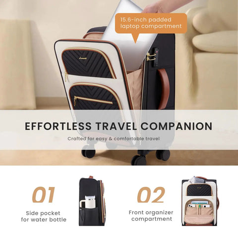 Your Go To Carry On That Fits Overhead Bins 22x14x9 Inches Water Resistant Softside Spinner With TSA Lock And 3 Pouches Lightweight Travel Case For Air Travel - front organizer compartment detail
