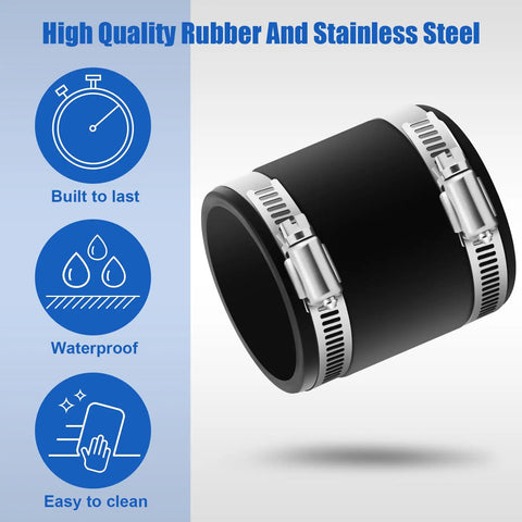 Four Pack Flexible PVC Couplings With Stainless Steel Clamps For Plastic And Copper Plumbing 2 Inch Easy Fit Tight Seal