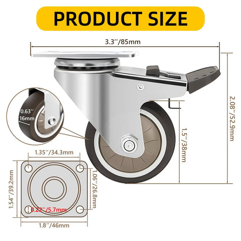 Smooth 1.5 Inch TPR Rubber Caster Wheels Set Of Four With Swivel Brakes Heavy Duty dimensions displayed on a measuring diagram.