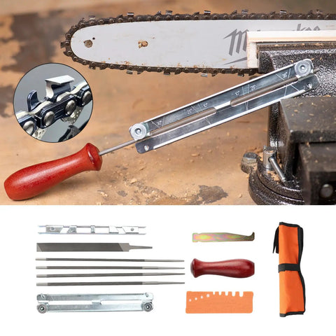 Pro Grade Chainsaw Sharpening Kit With Four Round File Sizes 5/32 3/16 13/64 7/32 Flat File And Handle Stump Vise Filing Guide Pouch