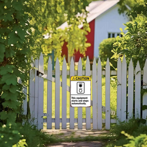Heads Up Caution Sign For Equipment That Starts And Stops Automatically Aluminum 8x12 Inch sign mounted on white gate in sunny garden