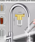 Brass Inline Sediment Filter For Washing Machines, Showers, And Wells, shown in use under sink with dimensions and cleaning stages.