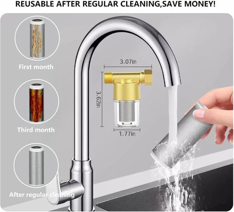 Brass Inline Sediment Filter For Washing Machines, Showers, And Wells, shown in use under sink with dimensions and cleaning stages.