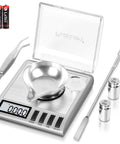 Digital Milligram Scale for ultra precise 50g capacity with 0.001g steps, spot on accuracy, tare function, auto off, six weighing units including g, oz, ozt, dwt, ct, gn, plus handy accessories for powder and lab use. Stainless steel scale with cover, spoon, tweezers, weights