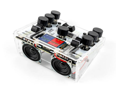 DIY DJ Mixer Kit For Beginners Teens Build Your Own DJ Board Learn Electronics Mix Tracks Add Effects Play Music Via SD Card Kid Friendly STEM Project That Feels Like Real DJing clear acrylic DIY mixer with knobs, small speakers, and screen