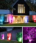 House with colorful lighting effects from eight pack RGBW low voltage landscape well lights 12W waterproof in ground pathway garden yard.