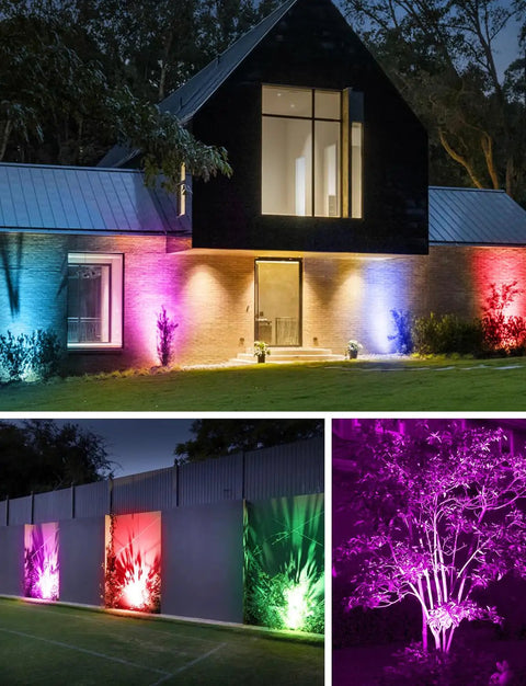 House with colorful lighting effects from eight pack RGBW low voltage landscape well lights 12W waterproof in ground pathway garden yard.
