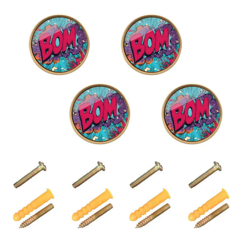 Dope Comic Colors Cabinet Knobs 4 Pack with screws and wall plugs, vibrant design with 'BOM' graphic in acrylic and zinc alloy