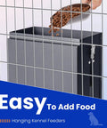 Real Deal Automatic Dog Feeder Hanging Pet Cage Food Dispenser holds 17 pounds, shown being filled with kibble.