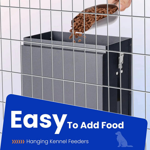 Real Deal Automatic Dog Feeder Hanging Pet Cage Food Dispenser holds 17 pounds, shown being filled with kibble.