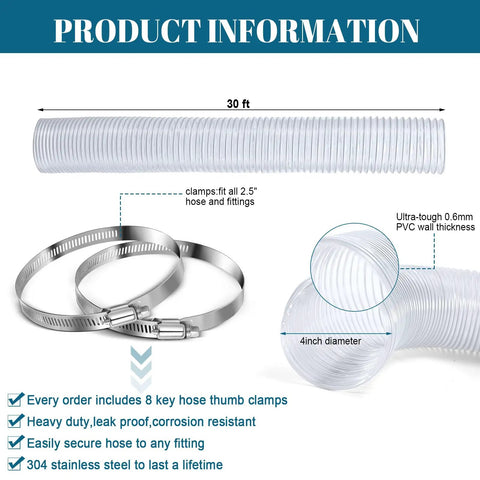 4 Inch PVC Dust Collection Hose 30 Ft Long Flexible Clear Vacuum Fume Hose With Stainless Steel Clamps Set Heavy Duty Puncture Resistant