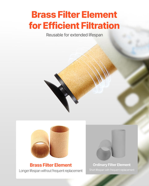 Close-up of brass filter element for All-In-One Air Compressor Filter Regulator With Four-Stage Filtration And Desiccant Dryer
