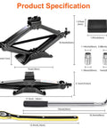 Heavy Duty 2.5 Ton Scissor Jack Car Tire Changing Emergency Tool Kit With Lifting Handle And Safety Stand For SUV Truck And Sedan Black showing specifications and dimensions.