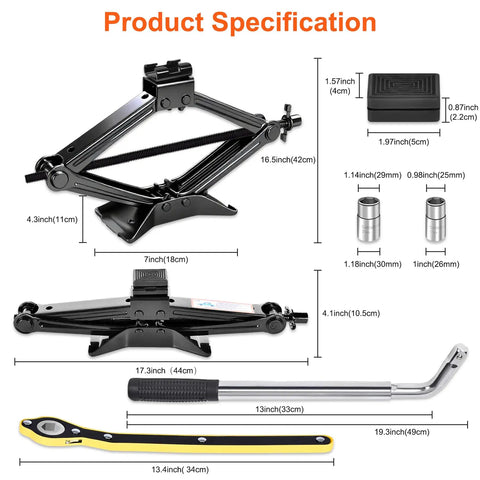 Heavy Duty 2.5 Ton Scissor Jack Car Tire Changing Emergency Tool Kit With Lifting Handle And Safety Stand For SUV Truck And Sedan Black showing specifications and dimensions.