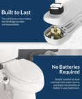 Close-up of SlimEdge Non Electric Bidet Attachment For Toilet With Dual Front And Rear Nozzles Cold Water Wash on a white toilet.